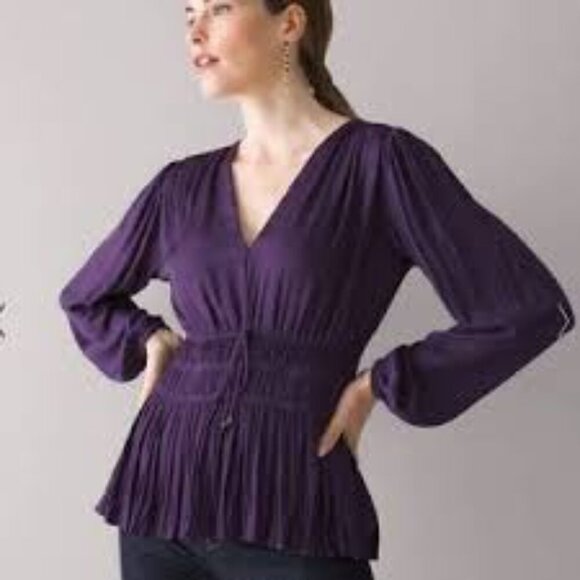 WHBM Deep Purple Silky Peplum Long Sleeve Blouse S - Picture 1 of 9